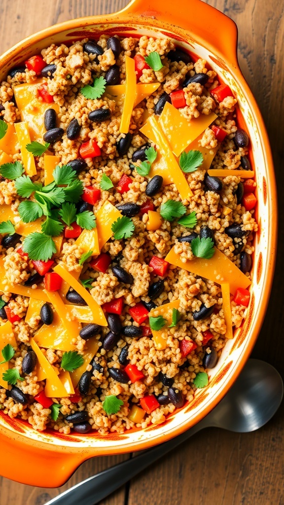 A healthy quinoa casserole with ground turkey, black beans, and vegetables, garnished with cilantro.